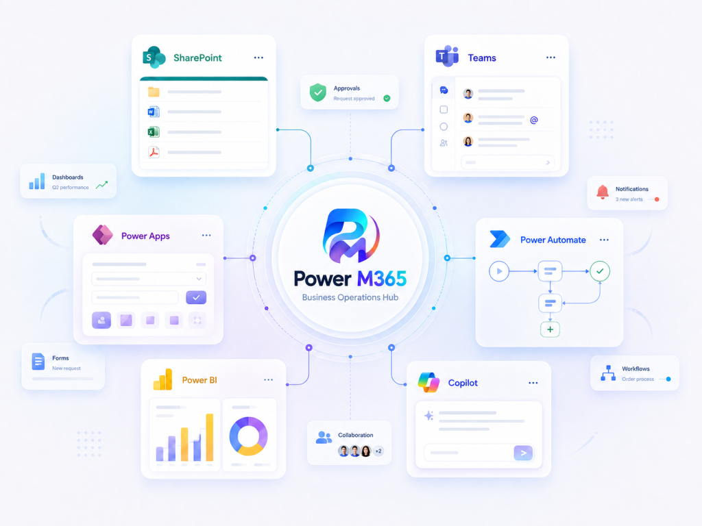 PowerM365 business operations hub diagram connecting SharePoint, Teams, Power Apps, Power Automate, Power BI, and Copilot into one integrated Microsoft business system.