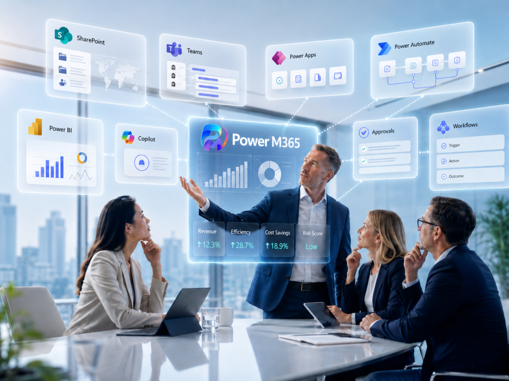 Executives in a boardroom reviewing connected Microsoft 365, Power Platform, SharePoint, Teams, Power BI, Power Apps, Power Automate, and Copilot business insights through a PowerM365 visual dashboard.